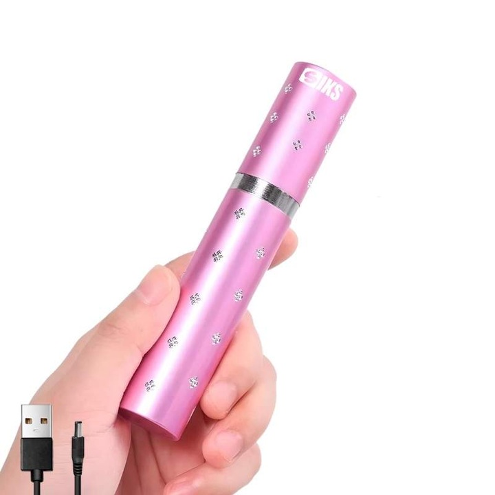 Dispozitiv Cu Electrosoc SIKS Profesional Pentru Autoaparare Tip Ruj, De Buzunar, Anti Caini, Animale Sau Pasari, Cu Lanterna Inclusa, Descarcare Electrosocuri 5000K Volti, Reincarcabil USB, Roz