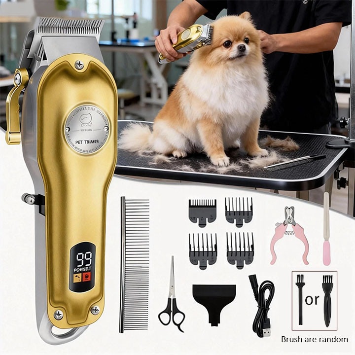 Машинка за подстригване на животни, MOSMAOO®, За кучета и котки, LED дисплей, 2000mAh, USB кабел, 4 сменяеми глави, тих мотор, В комплект с ножици, гребен, пила, златист цвят