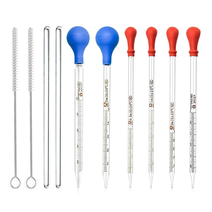 Set pipete din sticla Fokelyi, 0.5ml-10ml, transparent, cu perii de curatare si bete de amestec, 6 dimensiuni