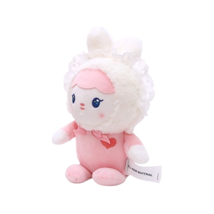 Papusa din plus 32 cm cu brosa brodata inimioara si caciulita dantela Iepuras