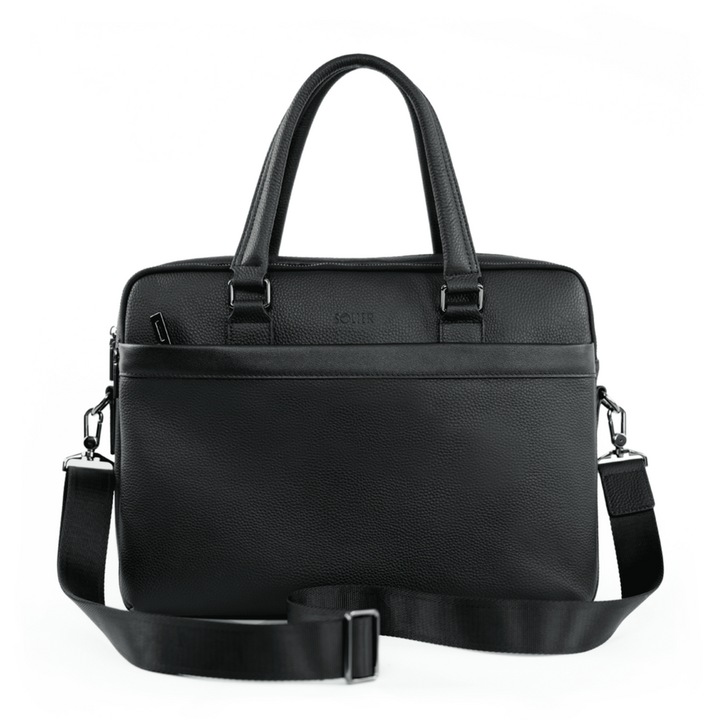 Solier SL42 Brannor мъжка кожена чанта, черна, за 15" лаптоп, документи, просторна, с регулируема презрамка, елегантна и функционална