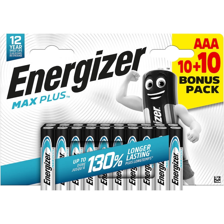 Baterii Alkaline Energizer Max Plus AAA, 20 buc