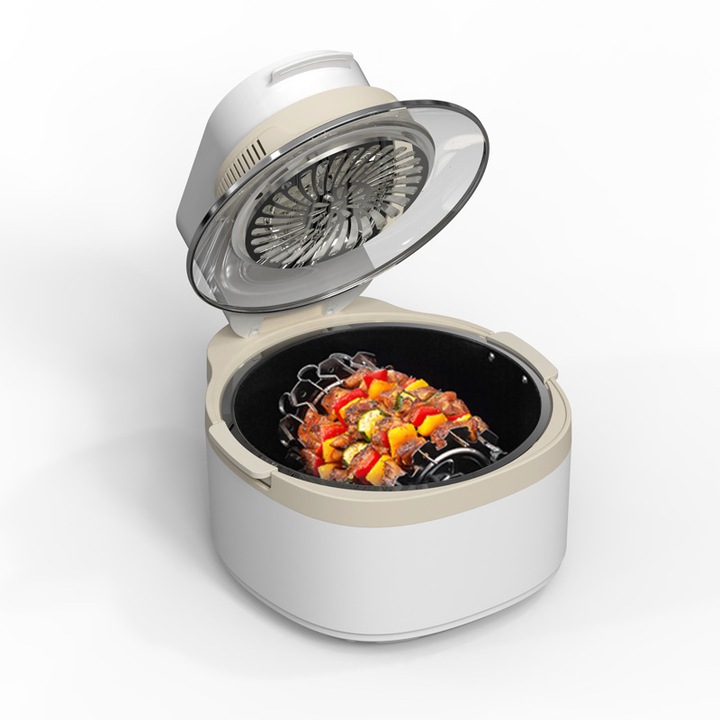 Friteuza cu aer cald, 8L, alb, 1350W, 10 programe, geam transparent, cu rotisor