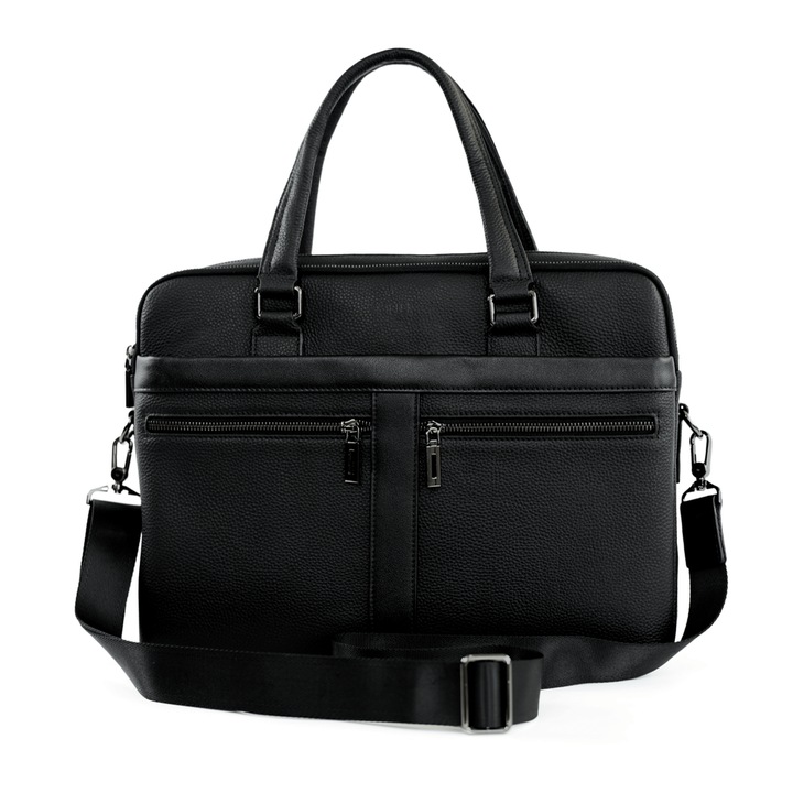 Мъжка кожена чанта Solier SL41 Lorien черна за 15" лаптоп, документи, елегантна, просторна, с регулируема презрамка