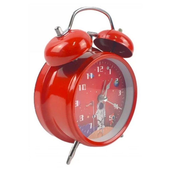 Ceas Desteptator Clasic Analog, Design Spatiu cu Mecanism Silentios, Iluminare Interioara, Alimentare pe Baterie AA