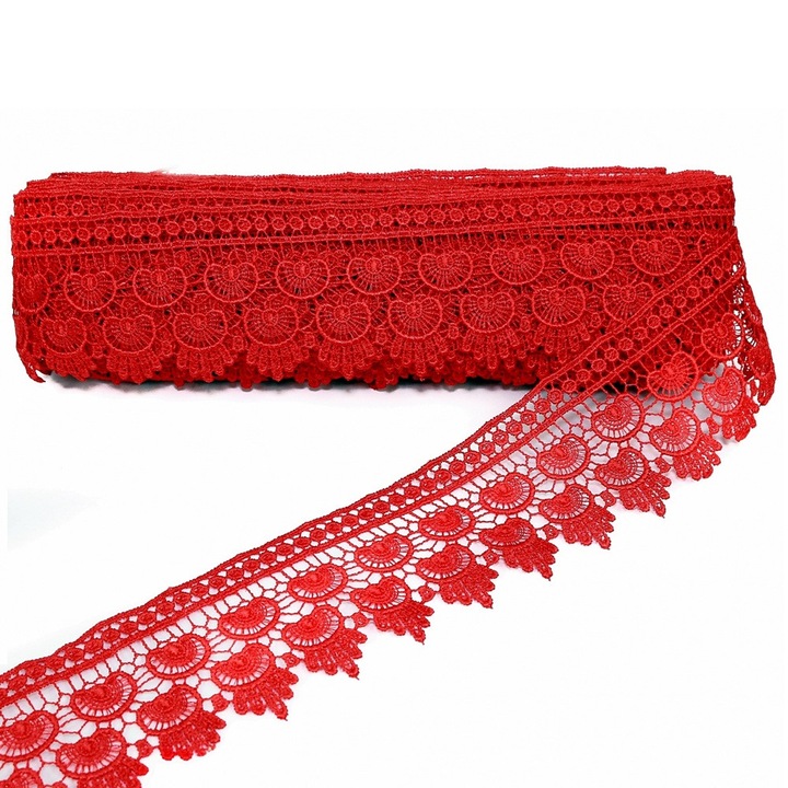 Dantela rosie 65mm – 13.5m/rola, coasere, poliester si vascoza