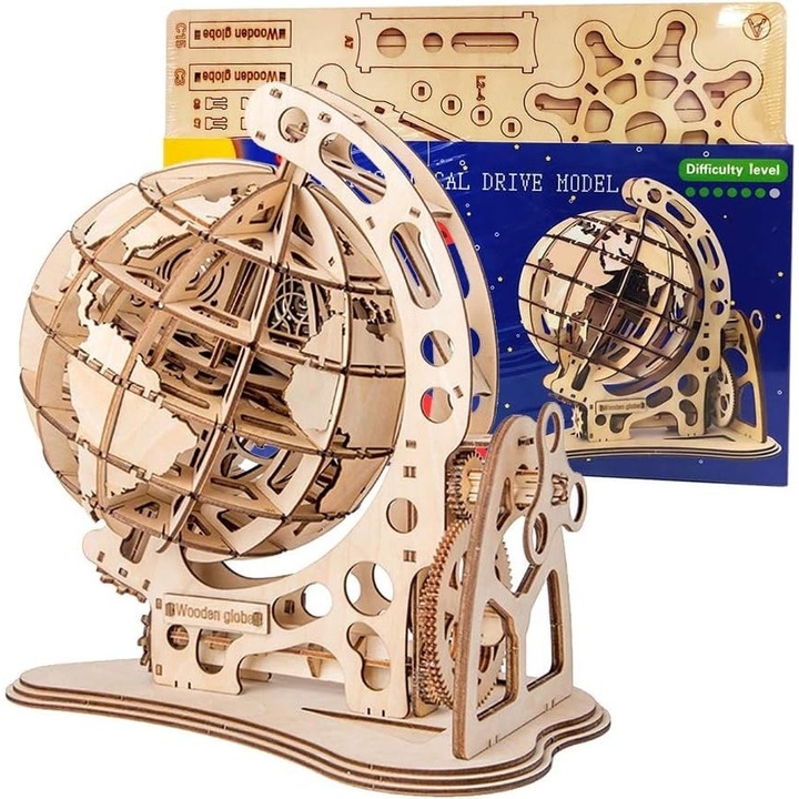 Комплект дървени конструкции, 3D модел, механичен, деца и възрастни, 172 части, глобус, 14 години +