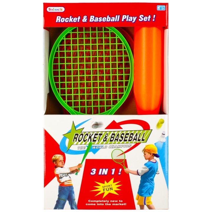 Комплект ракети за плажен тенис и бейзбол Mega Creative, 2 ракети, 2 топки, многоцветни, 24x43x7 см