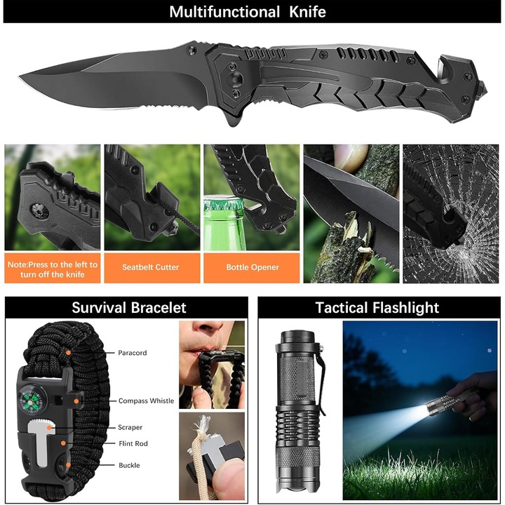 Set kit de supravietuire multifunctional, echipament de urgenta pentru drumetii, camping, calatorii, busola, trusa de prim ajutor, bandaje, plasturi, lanterna, pelerine de ploaie, trusa de prim ajutor, cort de urgenta, accesorii de pescuit