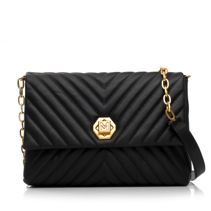 Geanta dama, Musette, NEW ELSA, MMPiele naturala, negru, 28 x 10 x 19 cm