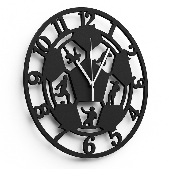 Ceas de perete Fotbal – 30 cm, Lemn MDF Negru, Decupaj Laser, Decor camera, Cadou pentru fotbalist