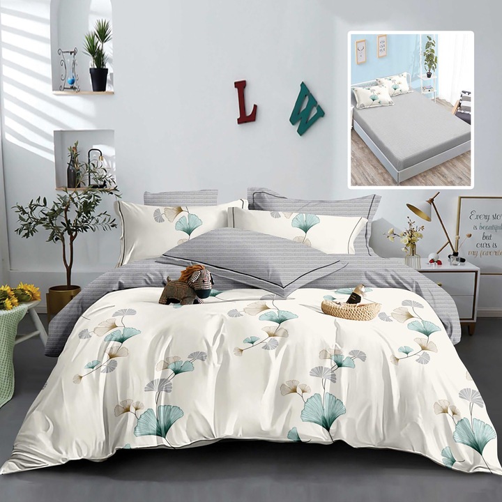 Dupla pamut ágyneműhuzat, 6 darab, univerzális rugalmas lepedő 160x200 cm-es vagy 180x200 cm-es matrachoz, paplanhuzat 200x230 cm, 2 párnahuzat 70x70 cm, 2 párnahuzat 50x70 cm, Többszínű, TextiLici, L41