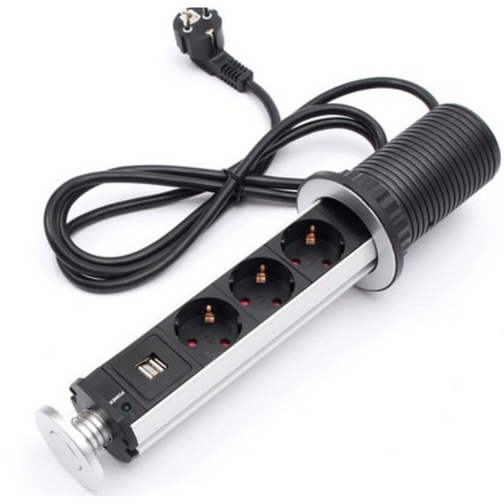 Túlfeszültség-védelemmel ellátott hosszabbítókábel USB aljzathoz, 3 Schuko aljzat, kapcsoló, 2 m tápkábel, 10A, 100-250V