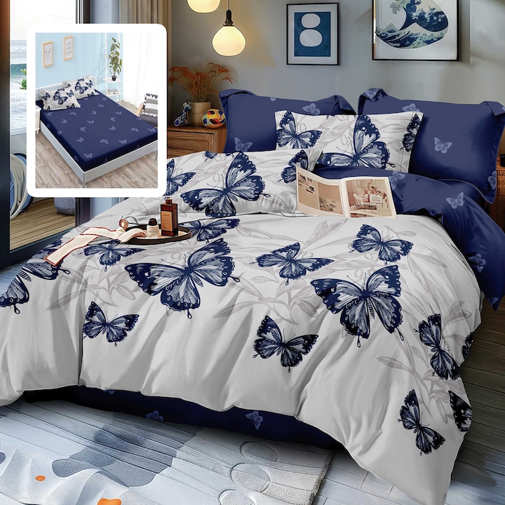 Спално бельо Finet Gros 6 части, NufJoy®, Втален чаршаф за матрак 160x200 см или 180x200 см, чаршаф за завивка 200x230 см, 2 калъфки 70x70 см, 2 калъфки 50x70 см Blue Butterfly