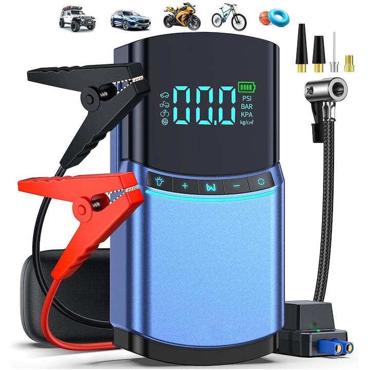 Starter Auto 4 in 1, HESASA®, 4500A, 150PSI, 12V, 10400mAh, Pentru motor 10L benzina sau 8L diesel, Power Bank, Lanterna, Ecran LED, clesti inteligenti si husa transport incluse, Albastru