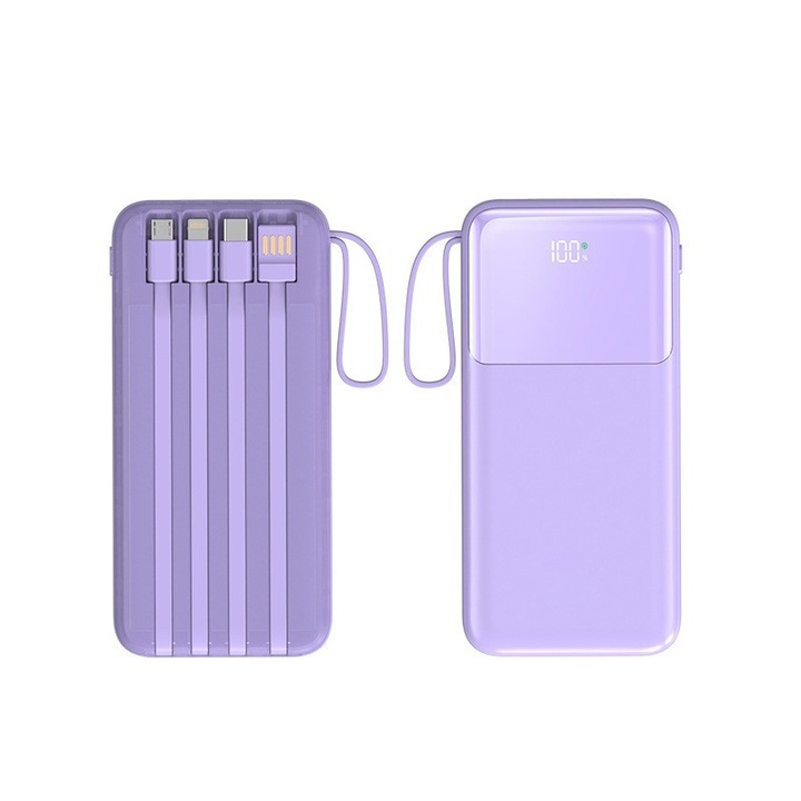 Външна батерия 10 000 mAh, супер бързо зареждане, високоскоростна PD 22,5 W технология, 4 вградени кабела (USB-C, Lightning), 2 порта, LED екран, двупосочно зареждане, съвместима с iOS/Android, преносима, лилава, PowerBank