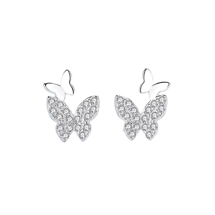 Cercei din Argint 925 Flying Butterfly cu Design in Forma de Fluturasi si Pietre de Zirconiu, Cadou Elegant pentru Femei, Accesoriu Delicat pentru Tinute Casual sau Ocazii Speciale, Cutie Bijuterii Inclusa, A300