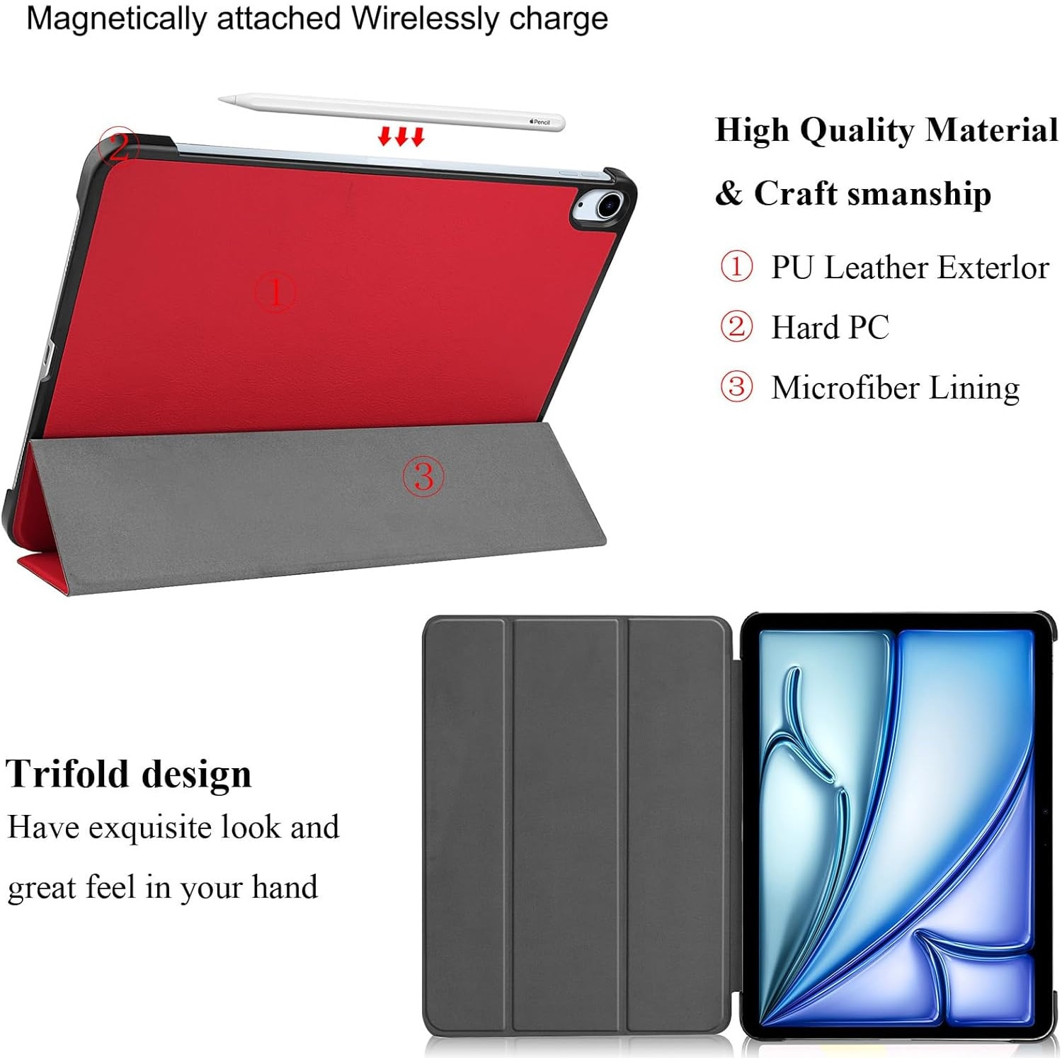 Husa tableta pentru, iPad Air 11" M3/M2 (2025/2024), iPad Air 10.9" 5th/4th (2022/2020), auto functie sleep/wake tip stand, rosu