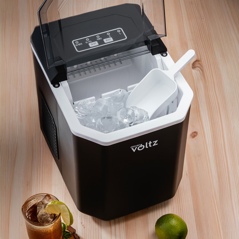 Aparat cuburi de gheata Oliver Voltz OV51447B, 120W, 12 kg/24 h, 1.3 L, 9 cuburi/cicluri, Indicator de gheata si apa, Negru