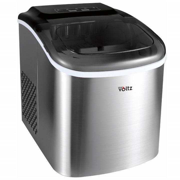 Ледогенератор Oliver Voltz OV51447CS, 120W, 12кг/24 часа, 1.3 л, 9 кубчета за цикъл работа, Индикатор за лед и вода, Инокс