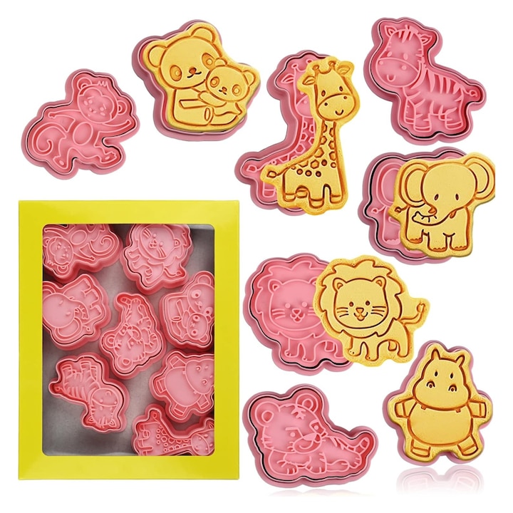Комплект от 8 3D формички за бисквитки с животни и щамповане, 3D формички за релеф с животни за форми за печене на фондан и бисквити със сирене, розови