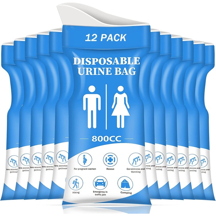 Set 12 Sac portabil urinare, cu Placute absorbante din bumbac, pacienti, copii, calatorii in aer liber si uz auto, folosire usoara, capacitate de 800 ml, Multifunctionaliutilizare usoara, albastru