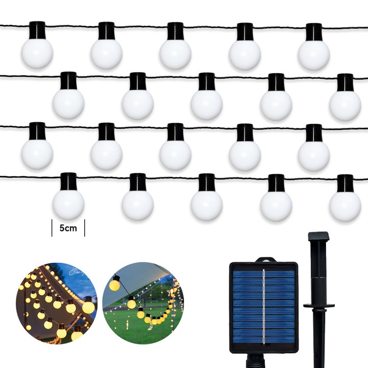 Ghirlanda luminoasa solara 5 m, 20 LED, IP65, 8 moduri, lumina calda, auto ON/OFF, panou marit – pentru brad, balcon si gard