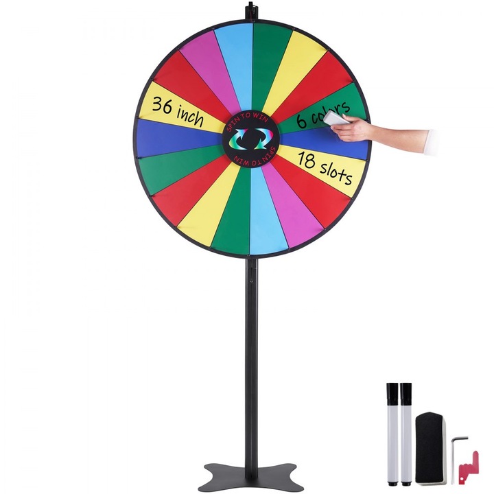 Roata de Premii Rotativa, 36 inch/91.44 cm, 18 sloturi, Ruleta cu Stergere Uscata, 2 Markere, Pozitionare pe Masa/Podea, Ideala pentru Jocuri de Noroc, Petreceri, Targuri, Carnavale