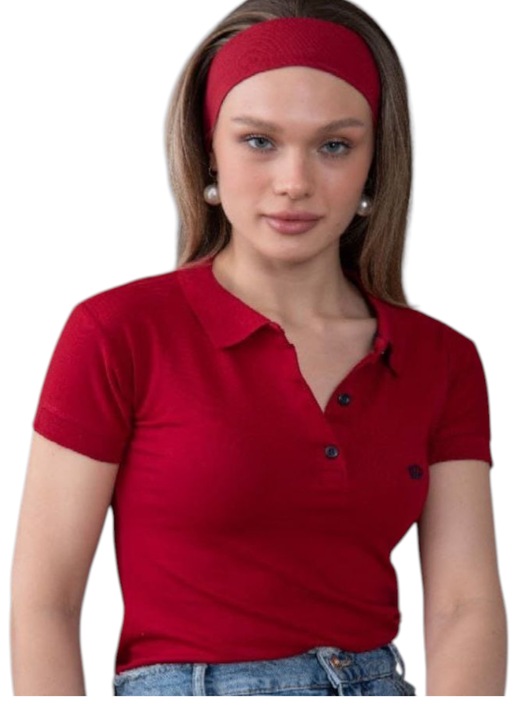 Tricou dama polo din bumbac, StarFashion, cu 3 nasturi, Bordeaux