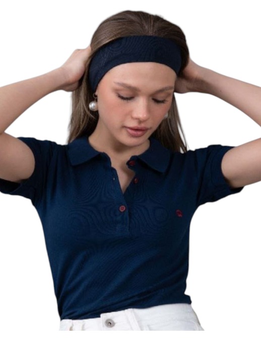 Tricou dama polo din bumbac, StarFashion, cu 3 nasturi, Bleumarin