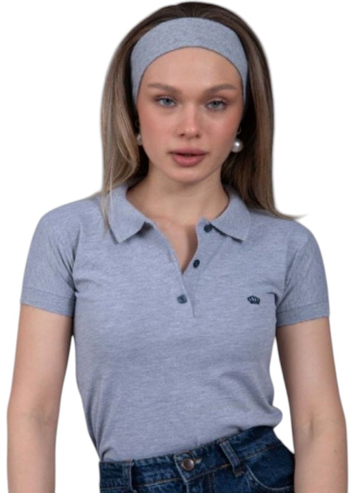 Tricou dama polo din bumbac, StarFashion, cu 3 nasturi, Gri
