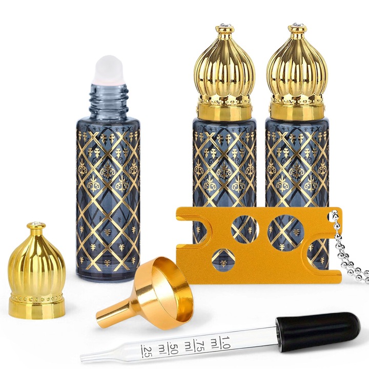 Комплект от 3 ролкови стъклени контейнера от 8 ml, zioda smart essentials®, малки празни бутилки за етерични масла, парфюм, аромати, смирна, универсален, за многократна употреба, UV защита, полезни аксесоари включени, ARABIAN LUXURY COLLECTION, черен