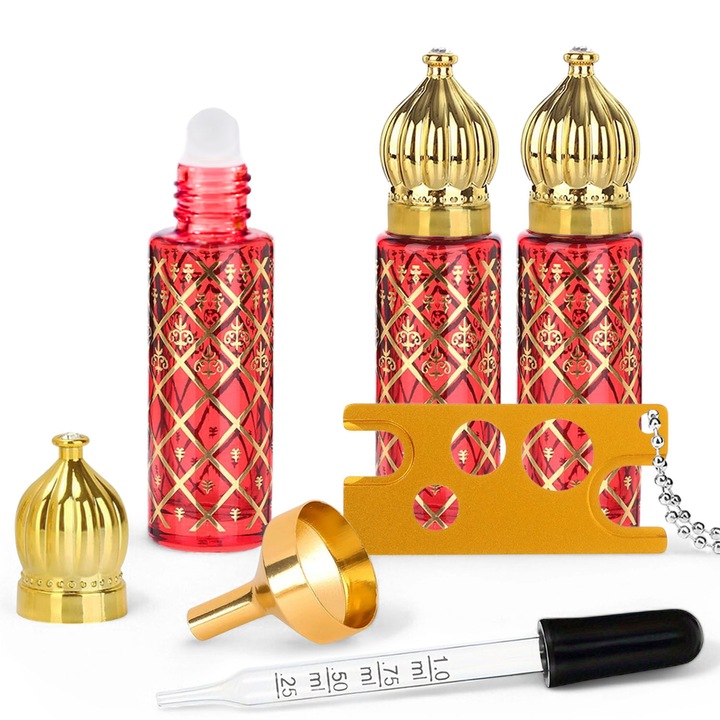 Комплект от 3 ролкови стъклени контейнера от 8 ml, zioda smart essentials®, малки празни бутилки за етерични масла, парфюм, аромати, смирна, универсален, за многократна употреба, UV защита, полезни аксесоари включени, ARABIAN LUXURY COLLECTION, червено