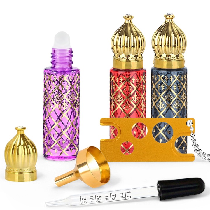 Комплект от 3 ролкови стъклени контейнера от 8 ml, zioda smart essentials®, малки празни шишенца за етерични масла, парфюм, аромати, смирна, универсални, за многократна употреба, UV защита, полезни аксесоари включени, ARABIAN LUXURY COLLECTION, микс