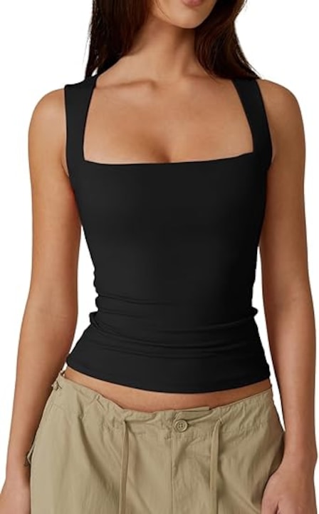 Top crop, decolteu patrat, respirabila si confortabila, elasticitate buna, slim fit, Negru, Negru