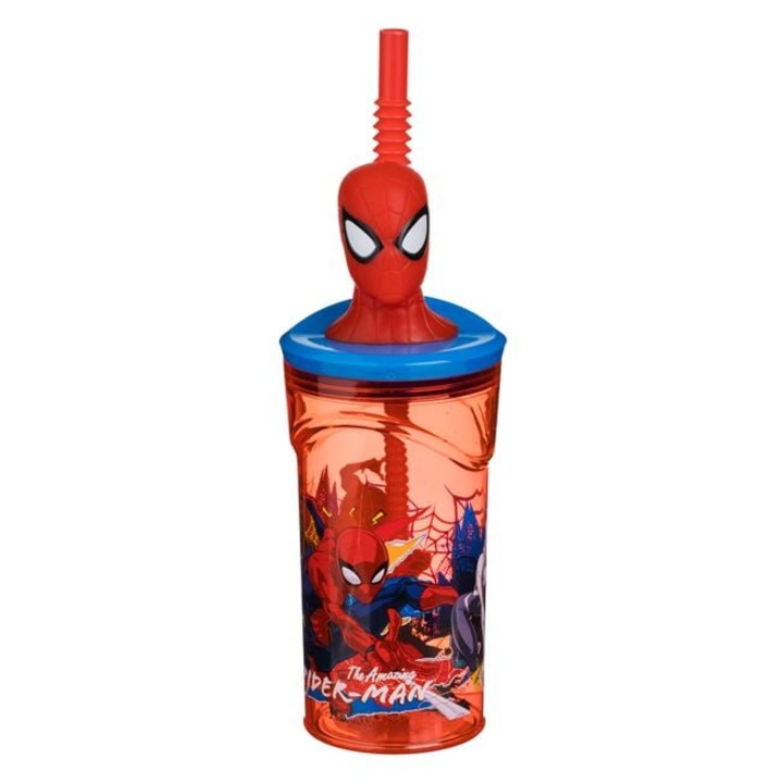 Pahar din plastic, 360 ml cu pai si model 3D Spiderman