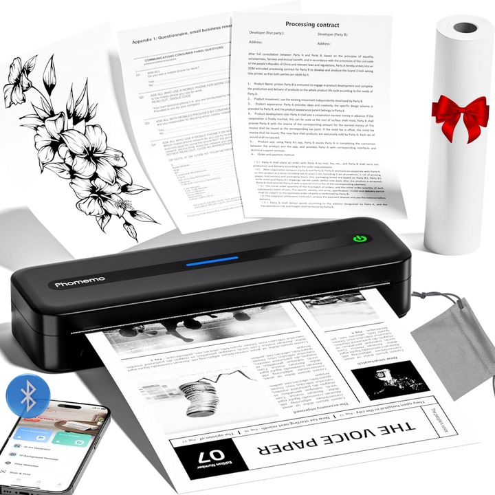 Imprimanta portabila termica Phomemo M832, 300 DPI, A4, Letter, 110mm, 80mm, 53mm, Fara cerneala Buetooth iOS/Android, USB Windown, MacOS, ChromeOS, Linux, 2600 mAh, Negru