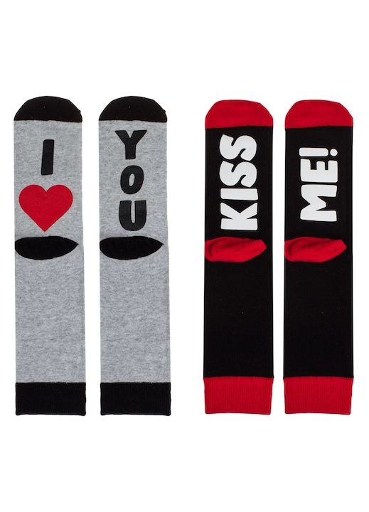 Sosete Negre Gri cu Mesaje pe Talpa "I love youKiss me" (37-42) - 2 perechi