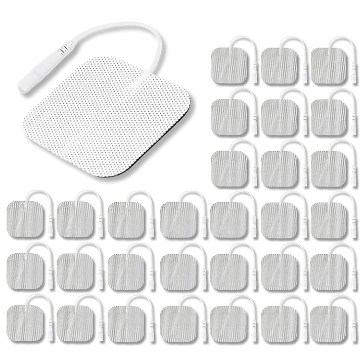 Set 30 de electrozi gel autoadezivi, Axroad Mall, Placute electrod reutilizabile compatibile cu TENS, EMS, Non-iritanti, Pentru aparat de masaj cu electrostimulare / fizioterapie, 5 cm x 5 cm, Forma patrata, Netesute, Alb