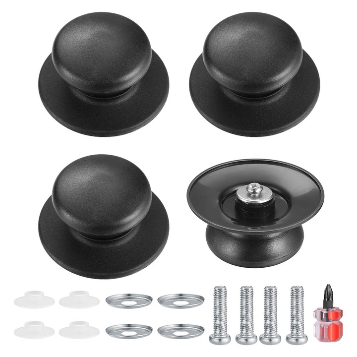 Set 4 manere pentru capace, Axroad Mall, Set accesorii pentru cratita, Cu surubelnita, Marime universala, Rezistent la coroziune, Usor de instalat si utilizat, Pentru capace de ceainic si tigaie, Plastic/Otel inoxidabil, 6*4.1*2.7cm, Negru