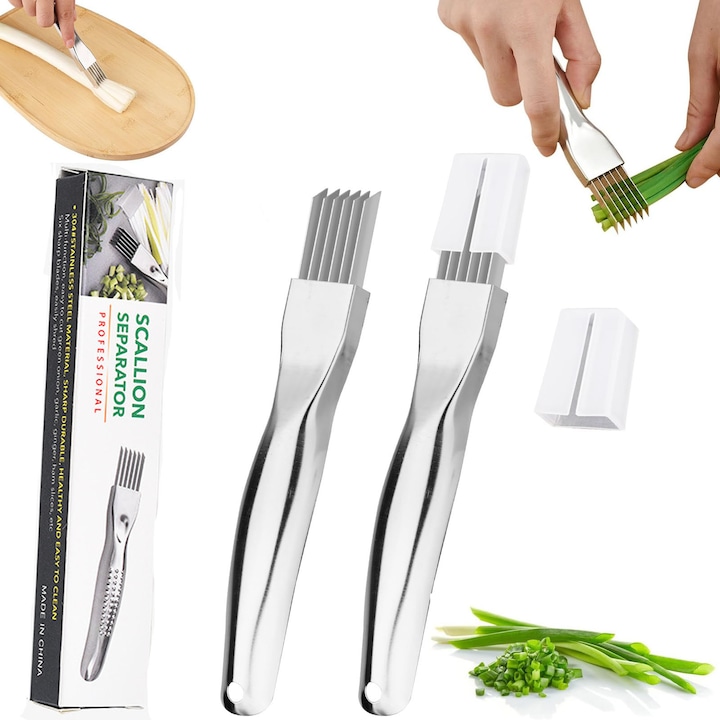 Set 2 feliator manual pentru ceapa verde, Axroad Mall, Taietor multifunctional din otel inoxidabil, Cu capac de protectie, masina de spalat vase, Design ergonomic, Pentru legume si fructe, 2.3*16.5cm, Argintiu
