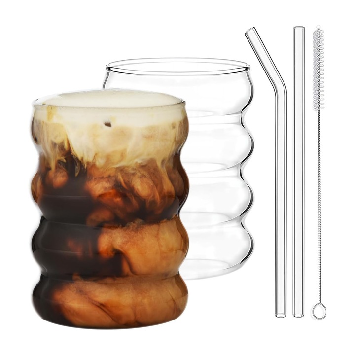 Комплект от 2 чаши от боросиликатно стъкло 300 мл, Axroad Mall, Чаша със сламка и четки за почистване, Термоустойчива, Без олово и BPA, Гладки ръбове, Може да се използва за кола, кафе и бира, 7,5*9,7 см, Прозрачна