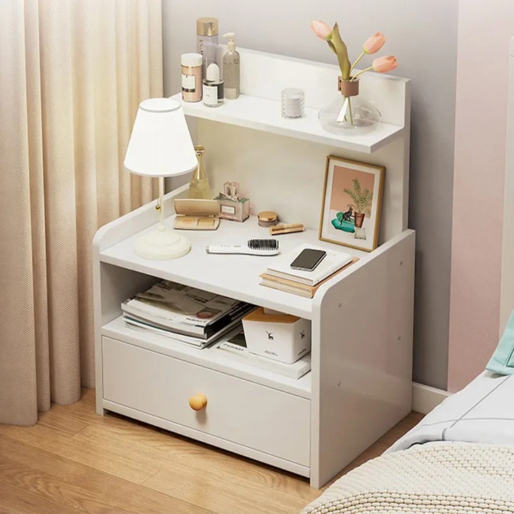 Модерно нощно шкафче с чекмедже и 3 рафта, бяло, 33x26x60 см