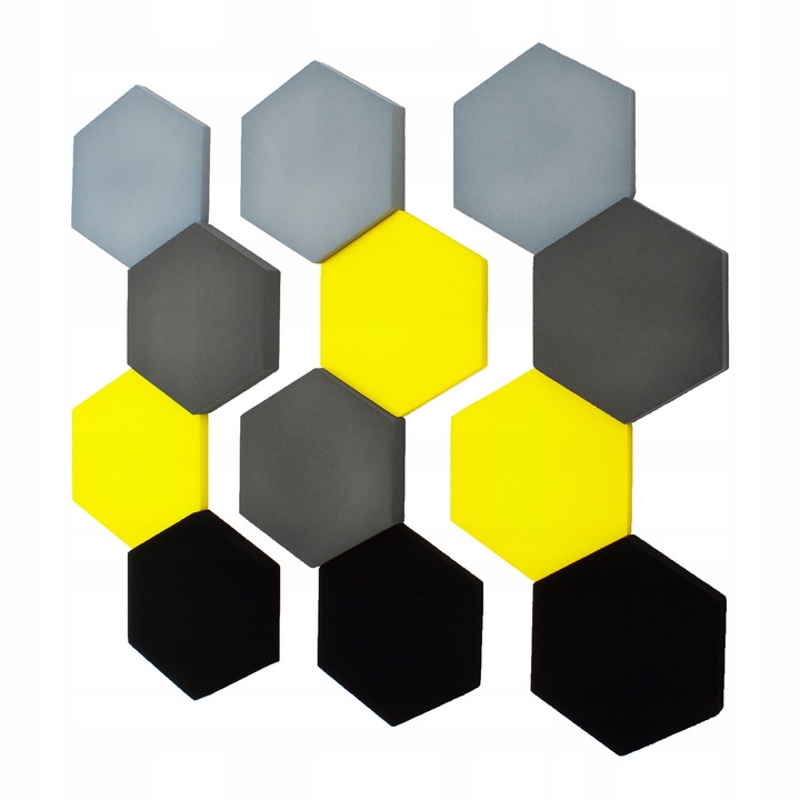 Set 12 Panouri Decorative, WallMarket, Pentru Perete, 3D, Acustice, Spuma Poliuretanica, Design Interior, Ideal Pentru Living, Birou, Camera Copii, Heksagonalne, 32 x 27.7 x 4, 5 cm, Galben/Gri/Negru