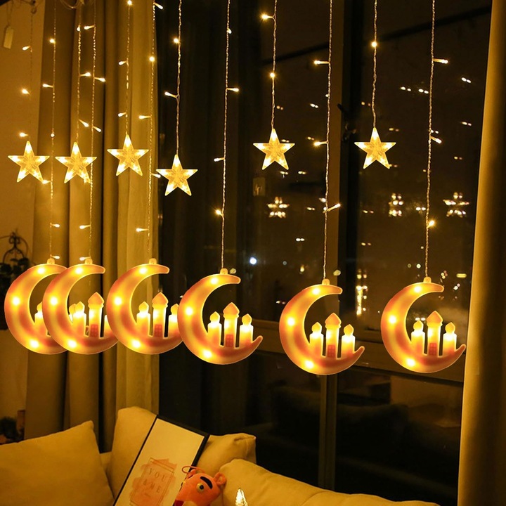 Instalatie Craciun, Perdea Lumini LED, Luna Si Stele multicolor, Lumina Calda, 3M, Interconectabila, Telecomanda cu 8 Programe