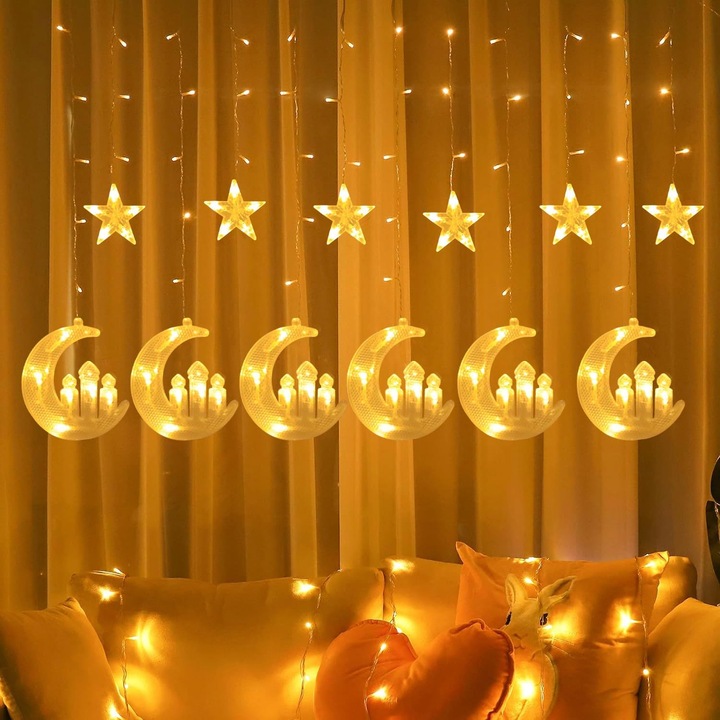 Instalatie Craciun, Perdea Lumini LED, Luna Si Stele transparent, Lumina Calda, 3M, Interconectabila, Telecomanda cu 8 Programe