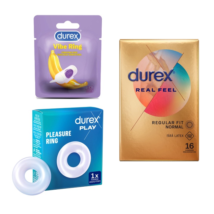 Set Durex Prezervative Real Feel 16 bucati + Inel Pleasure + Inel Vibratii Intense