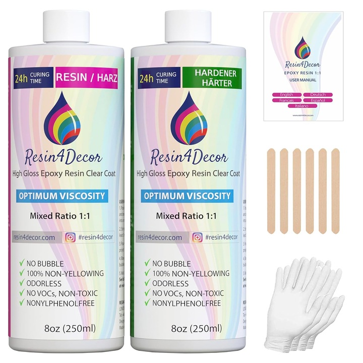 Set rasina epoxidica RESIN4DECOR 1:1 – Rasina turnabila clara ca cristalul, adeziv pentru artizanat, bijuterii, turnare in forme – Fara ingalbenire, netoxica, timp de intarire 24 de ore, fara miros – Rasina de laminare – 500 ml