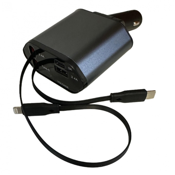 Autós töltő 120 W szupergyors töltés, LED kijelző, 4 az 1-ben, Type C + Lightning, Iphone 5V/2.4A, USB C 5V/3A, USB 5V/2.4A, Teljesítmény 120W, 12-24V, Rugalmas teleszkópos kábel 80cm, Univerzális
