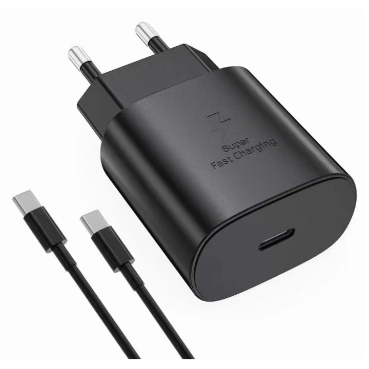 Szupergyors töltő 25W, Gyors töltés, Univerzális, Adatkábel mellékelve, Fekete, USB Type C